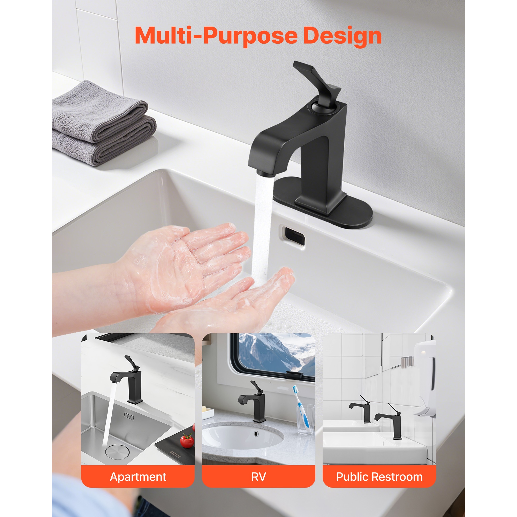 Matte Black Basin Faucet With Waterfall Spout And Sink Drain_voghion.com